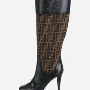 Fendi Zucca FF Logo Canvas Boots Size 8 Brown